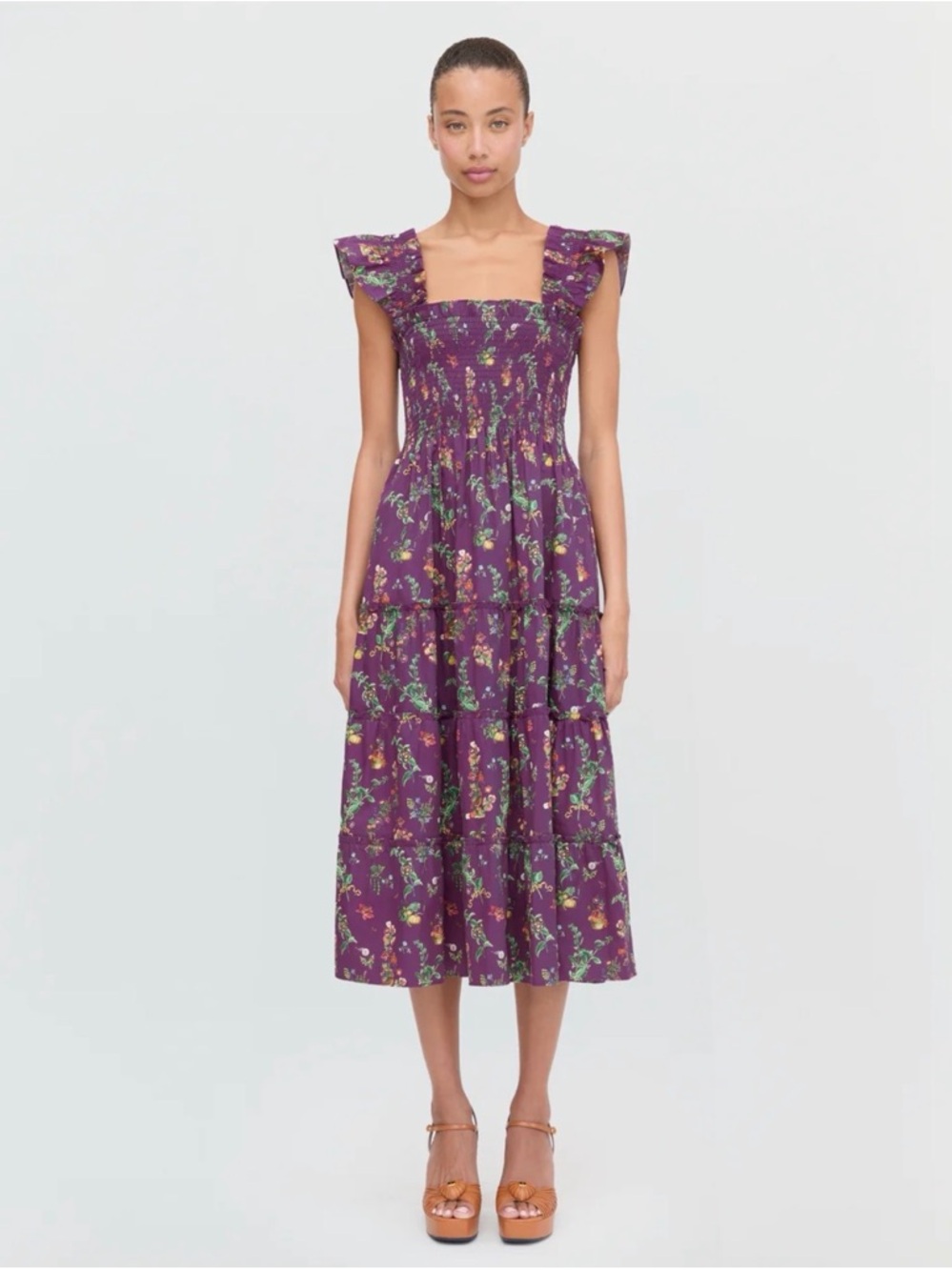 Hill House x STEPHANIE FISHWICK plum Floral Ellie Midi Dress with Square Neck